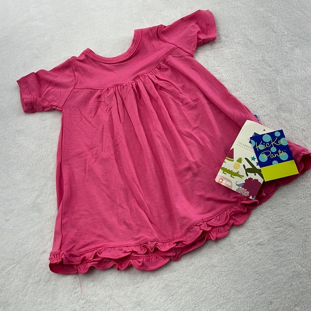 NEW Kickee Pants Bamboo 3-6 Mos, Pink Ruffle Short Sleeve Classic Swing Dress